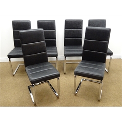  Set six Rhodes high back chairs on chrome sprung bases, upholstered in charcoal faux silk fabric, W44cm  