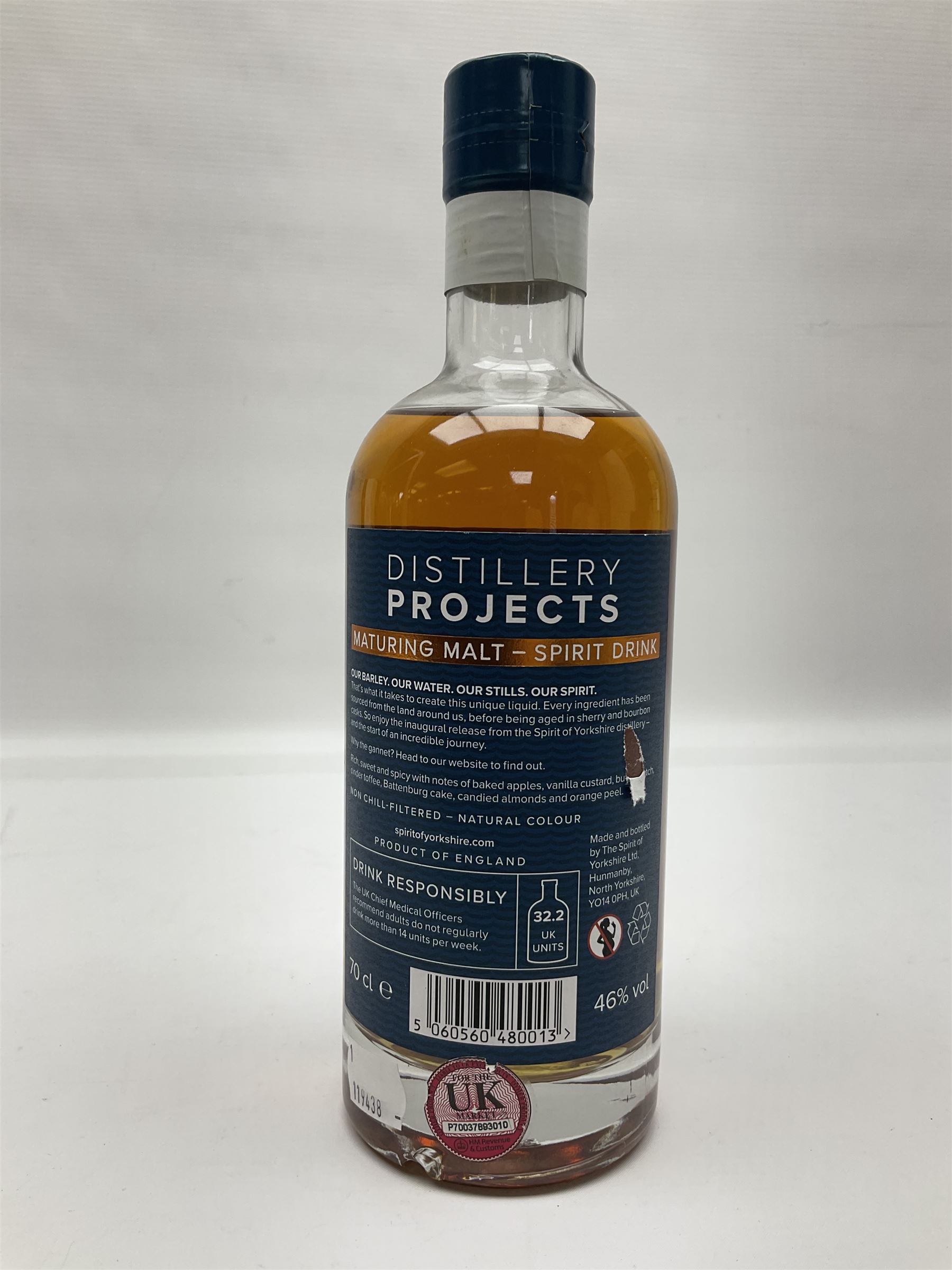 Spirit of Yorkshire Distillery, distillery projects maturing malt, project number 1, limited edition 750/2000, 70cl, 46% vol