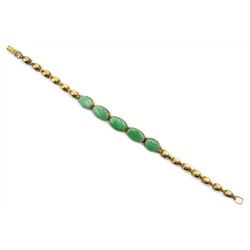  Gold leaf design link bracelet, set with oval jade stones, stamped 14k  