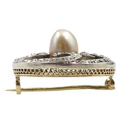 19th/early 20th century diamond and pearl circular brooch, channel set rose cut diamonds to a central light champagne coloured pearl of approx  8.9mm x 11mm, set in silver and gold