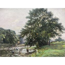 William Greaves (British 1852-1938): Children Playing in the River Wharfe, oil on canvas signed and dated 1910, 30cm x 40cm