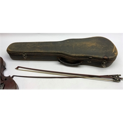  Late 19th/early 20th century violin, with 36cm two-piece maple back and ribs and spruce top, bears label Mathias Neuner, Geigenmacher in Mittenwald 1876 Nro.94. 60cm overall, in leather covered carrying case labelled Rushworth & Dreaper, Musical Instrument Makers, 77 Islington, Liverpool with two bows  