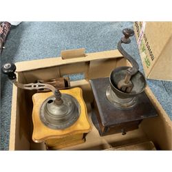Two coffee grinders, together with a wooden telephone money box and cased canteen