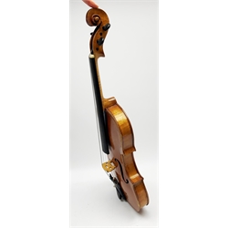  Late 19th century violin with 36cm maple back and spruce top, bears label 'Copy George Klotz Made in 1747', L59cm overall, in ebonised wooden carrying case with two bows  