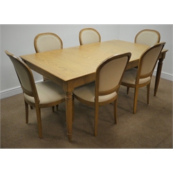  John Lewis light oak extending dining table with leaf (100cm x 180cm - 230cm, H75cm), and set six light oak framed John Lewis dining chairs, upholstered back and seat with a natural linen fabric, turned supports  