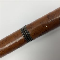 19th century malacca walking cane, the screw threaded domed cover opening to reveal vacant recess, above a further screw threaded opening revealing a removable glass vial with stopper, glass vial L41cm, cane L89.5cm