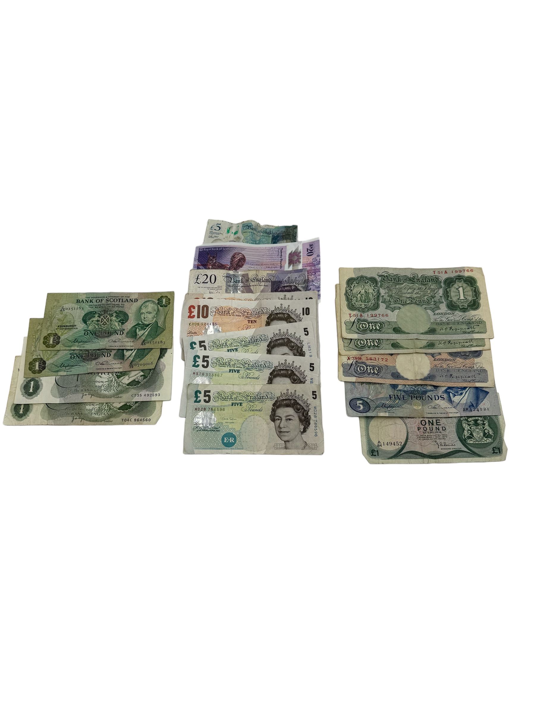 Various Great British banknotes including Bank of England Peppiatt and later one pound notes, three Salmon five pound notes, Salmon ten pound note, Lowther ten pound note, Bailey twenty pound note, Royal Bank of Scotland polymer twenty pound note etc. 
