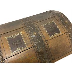 19th century painted oak sea chest, hinged dome top enclosing small compartment, bound by shaped and pressed metal strapwork, scumbled finish to resemble oak and painted with small vignettes depicting portraits and landscapes within panels, fitted with large wrought metal carrying handles, the front inscribed 'H.J.S. 1870' 
