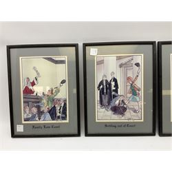 After Tony Kentuck set four courtroom cartoon prints, together with vintage reproduction of 19th Century advert, and further cartoons and prints (15)