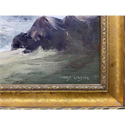 Mary Wastie (Cornish 1935-): Rocky Seascape near Pendeen, oil on canvas signed 39cm x 65cm 