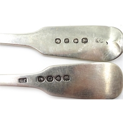  Set of six silver fiddle pattern dessert spoons by William Eaton London 1843 and two similar forks approx 12.8oz  