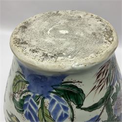 19th century Chinese Wucai vase and cover, decorated  with peacock on blue rockwork and other birds flying amongst tree peonies, H43cm