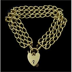 9ct gold three row curb link bracelet, with heart locket clasp