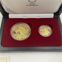 Austria 2014 gold proof two coin set, comprising one ounce fine gold one-hundred Euro and quarter ounce fine gold twenty-five Euro coins, cased with certificate