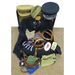  Royal Corps of Signals officer's Blues No.1 dress uniform comprising tunic with collar badges, trousers with red stripe bearing  Catterick label dated 5.5.55, blue and khaki peaked caps with Queen's crown badges, spats and gaiters, Sam Browne and other belts, cloth badges, shoulder flashes, sergeant's stripes etc and a forage cap, contained in leather suitcase  