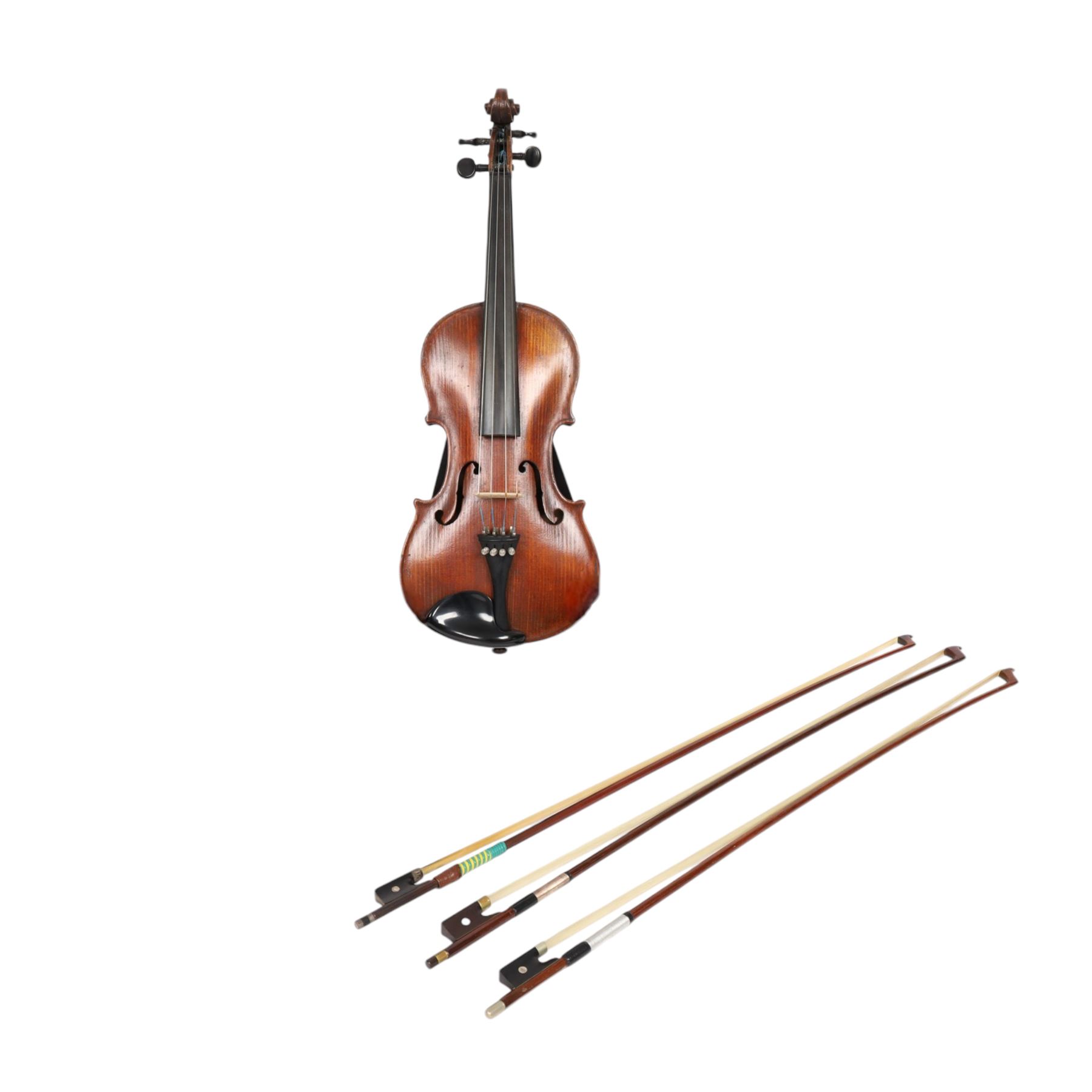 Two 19th century violins, each with two piece maple backs, ebonised wooden pegs and finger boards and modern plastic chin rests, with two bows, all contained within a modern two-violin soft case with red interior