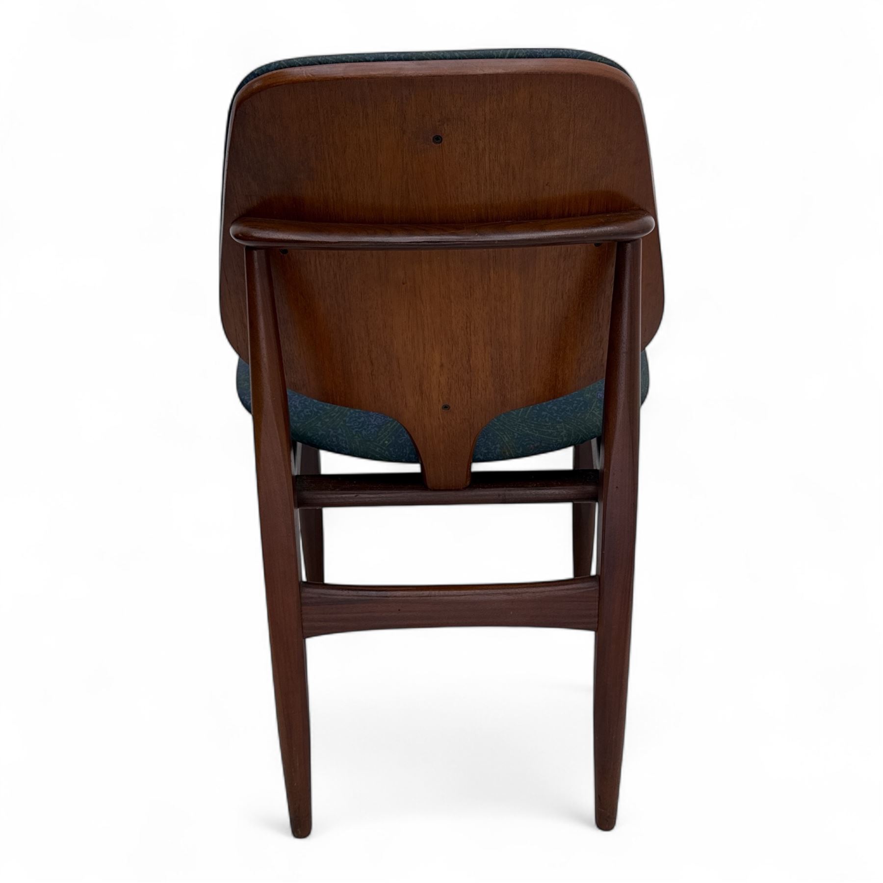 G-Plan - mid-20th century teak oval dining table, with butterfly leaf extension mechanism and four Elliot's of Newbury teak framed dining chairs upholstered in purple and green fabric, table un-extended width 152cm x depth 152cm x height 71cm, chairs 47x37x78cm 