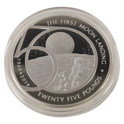 Queen Elizabeth II Alderney 2019 '50th Anniversary of the Moon Landing' five ounce silver proof twenty-five pound coin, issued by the Jubilee Mint, cased with certificate