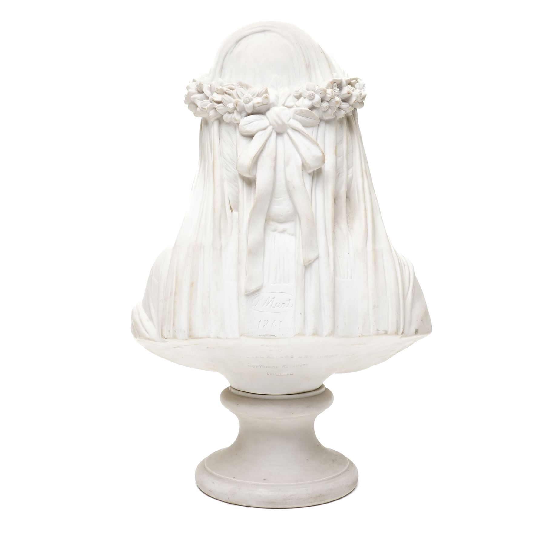 After Monti, Raffaele - 'The Bride', 19th century Copeland Parian bust, stamped Copeland and incised R Monti 1861 to the back, impressed Ceramic Crystal Palace Art Union to underside, H37cm