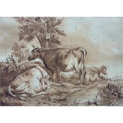 Attrib. Thomas Sidney Cooper (British 1803-1902): Cattle at Rest, sepia wash signed, with a charcoal portrait sketch verso, 29cm x 40cm