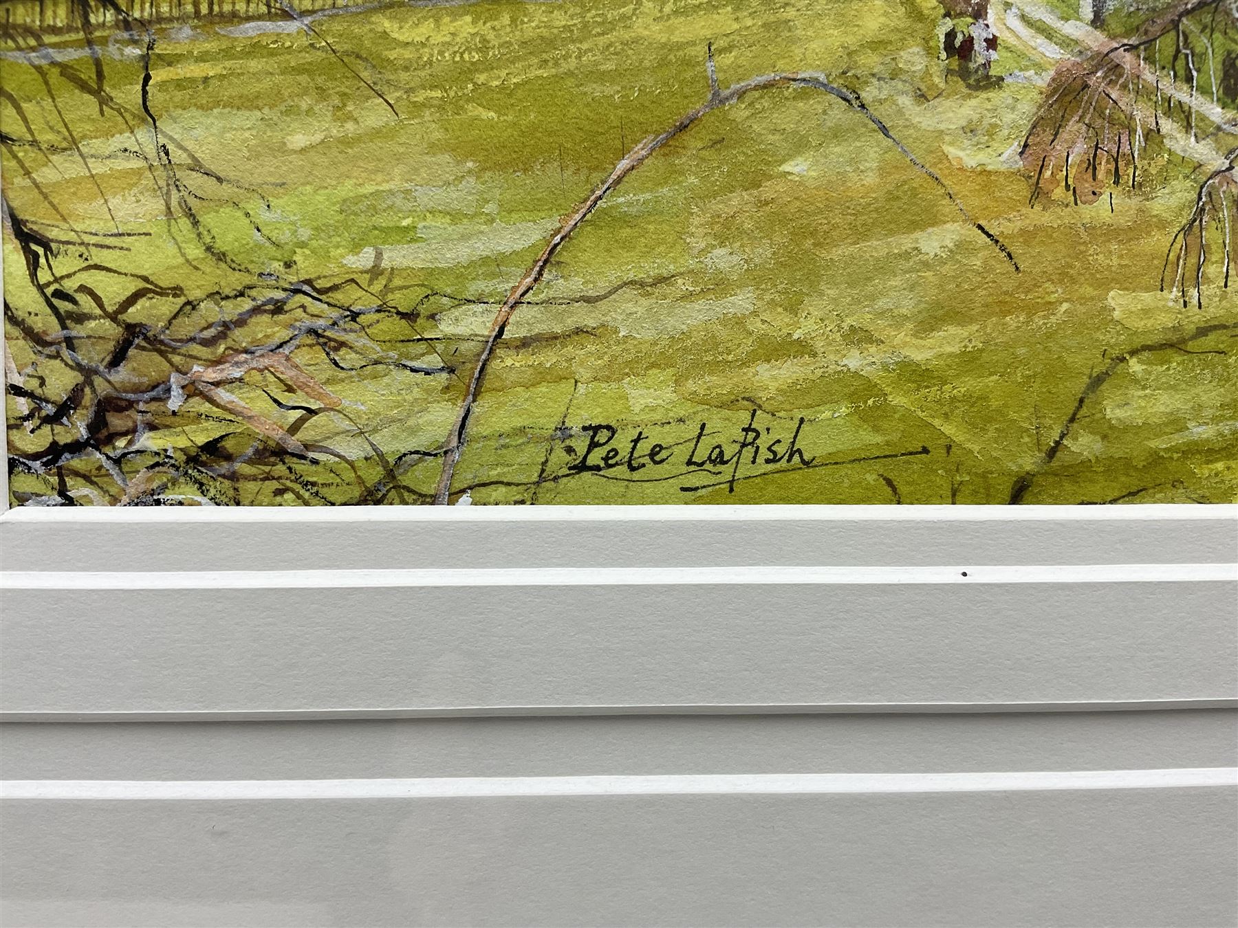 Peter Lapish (British 1937-): 'Bolton Abbey from the Cliff', acrylic on paper signed, titled verso 27cm x 36cm