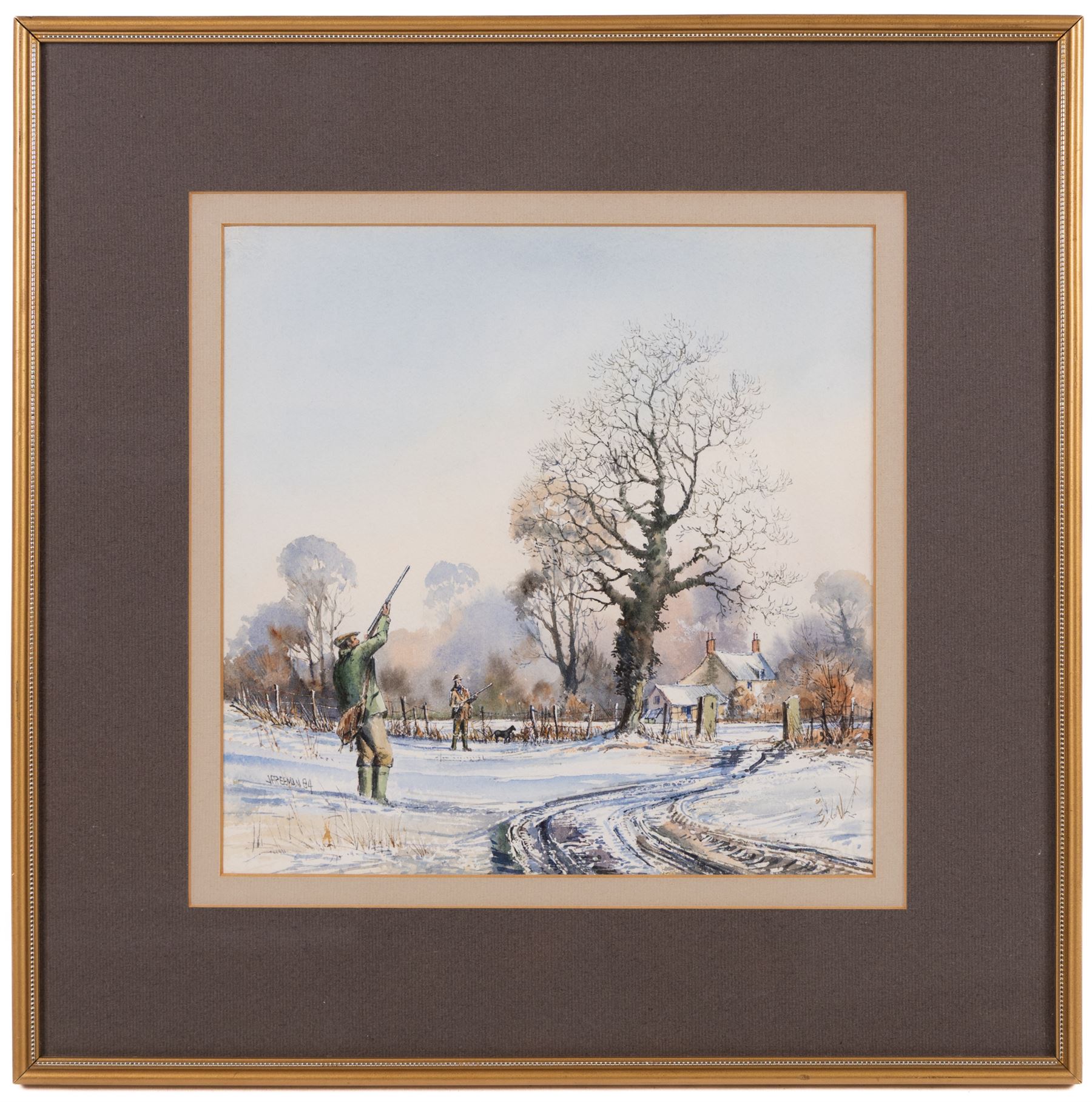 John Freeman (British 1942-): The Shooting Party, watercolour signed and dated '84, 26cm x 26cm