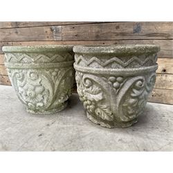 Pair of cast stone ornate circular planters