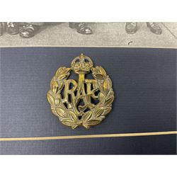 Warrant Officer Gordon Pearce D.F.C. R.A.F.V.R. - display of five medals comprising copy Distinguished Flying Cross, copy Air Crew Europe Star, 1939-45 Star, 1939-45 War Medal and Defence Medal; framed with RAF cap badge, two copy photographs in uniform and copy of investiture letter; mounted and glazed in pine frame 34 x 66cm