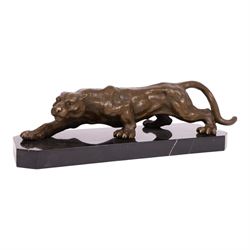After Milo - bronze modelled as a crouching panther, upon a marble base, H14cm, L
40cm