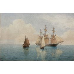 William Frederick Settle (Hull 1821-1897): British Frigate at Anchor with Sailing Barge in the foreground, watercolour signed with monogram and dated '85, 22cm x 33cm