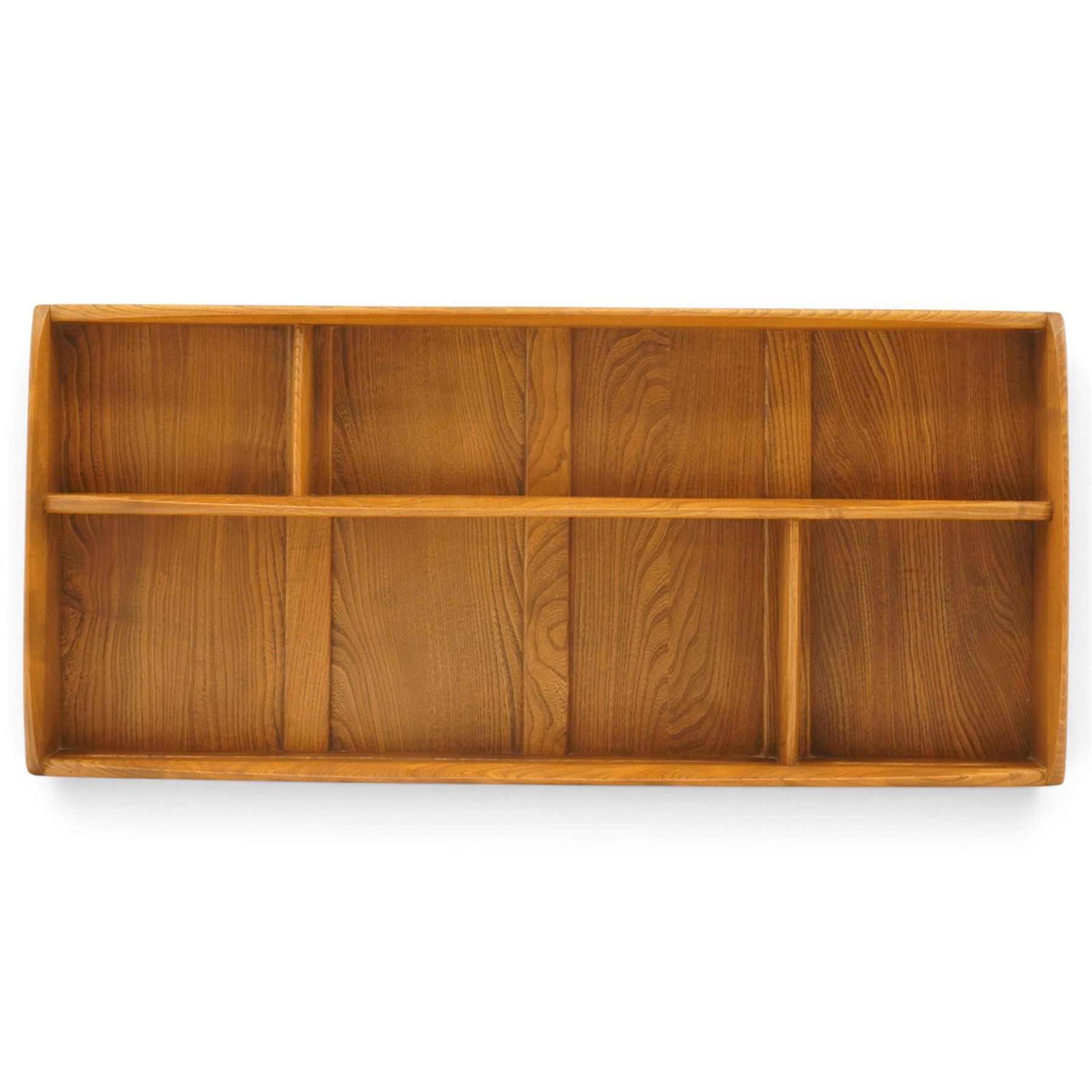 Ercol - elm plate rack, rectangular form with rounded corners, fitted with two open shelves divided by staggered upright partitions, fixings for hanging