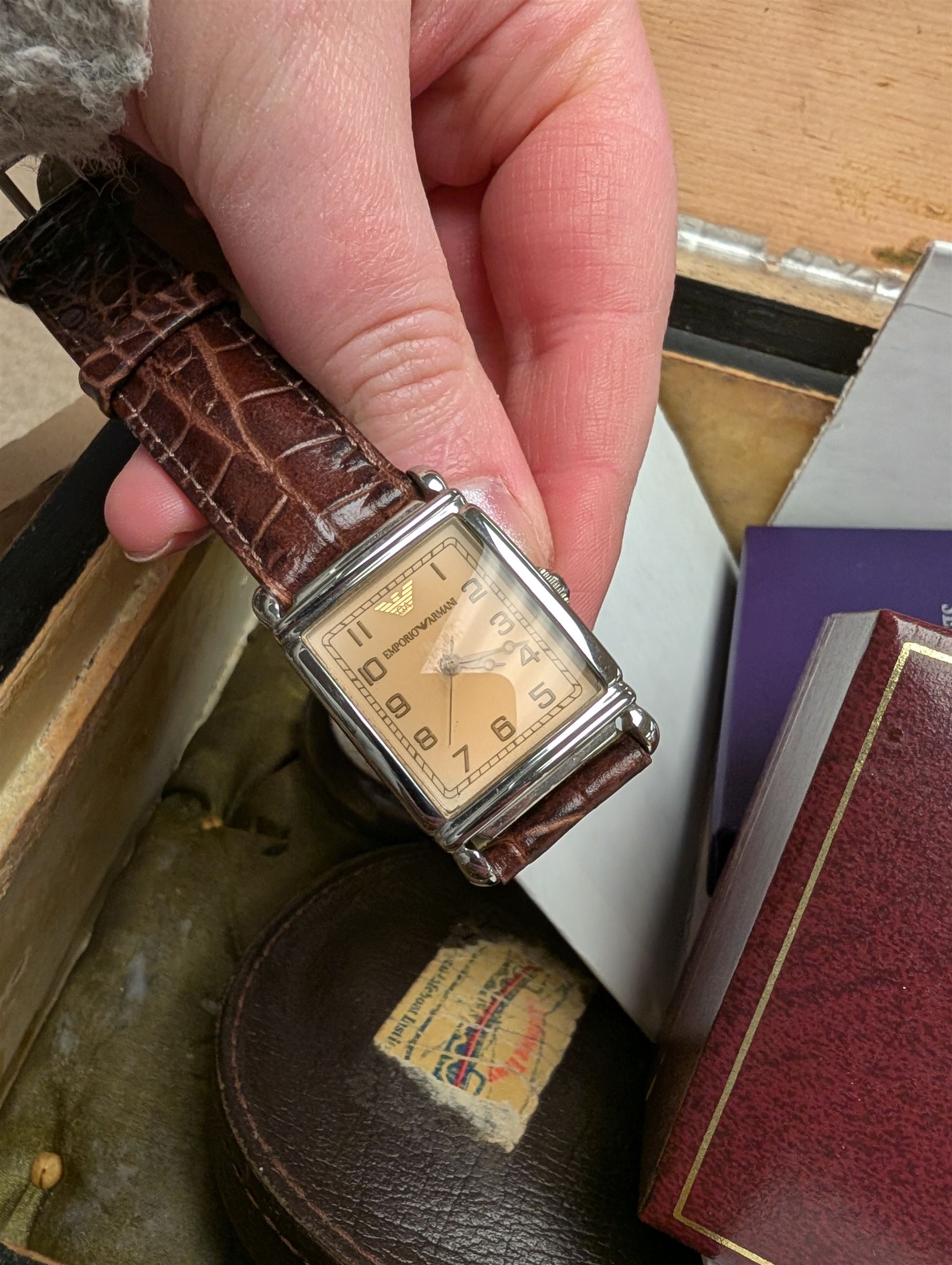 Giorgio Armani wristwatch, Whyte & Mackay blended scotch whisky, Bell's Blended scotch whisky, Chinese carved panels and a collection of vinyl records