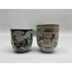 Two 18th century Chinese Yongzheng coffee cups, the first example decorated in polychrome enamel with rooster amidst blossoming peonies, the second decorated with deer and crane among rockwork and pine tree, together with two further 18th century Chinese coffee cups, an 18th century Chinese tea bowl, and a further tea bowl