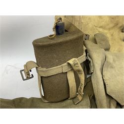 WW2 British army canvas accessories including 1942 Stringers wash basin, water bucket, 1943 water bottle, 1940 bag, another bag etc