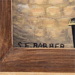 S E Barber (British Mid-20th Century): Surreal 'Landscape Fantasy', oil on board signed, titled on International Amateur Art Exhibition label verso 35cm x 50cm 