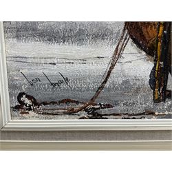 Ben Maile (British 1922-2017): Beached Fishing Boats, oil on board signed 42cm x 98cm