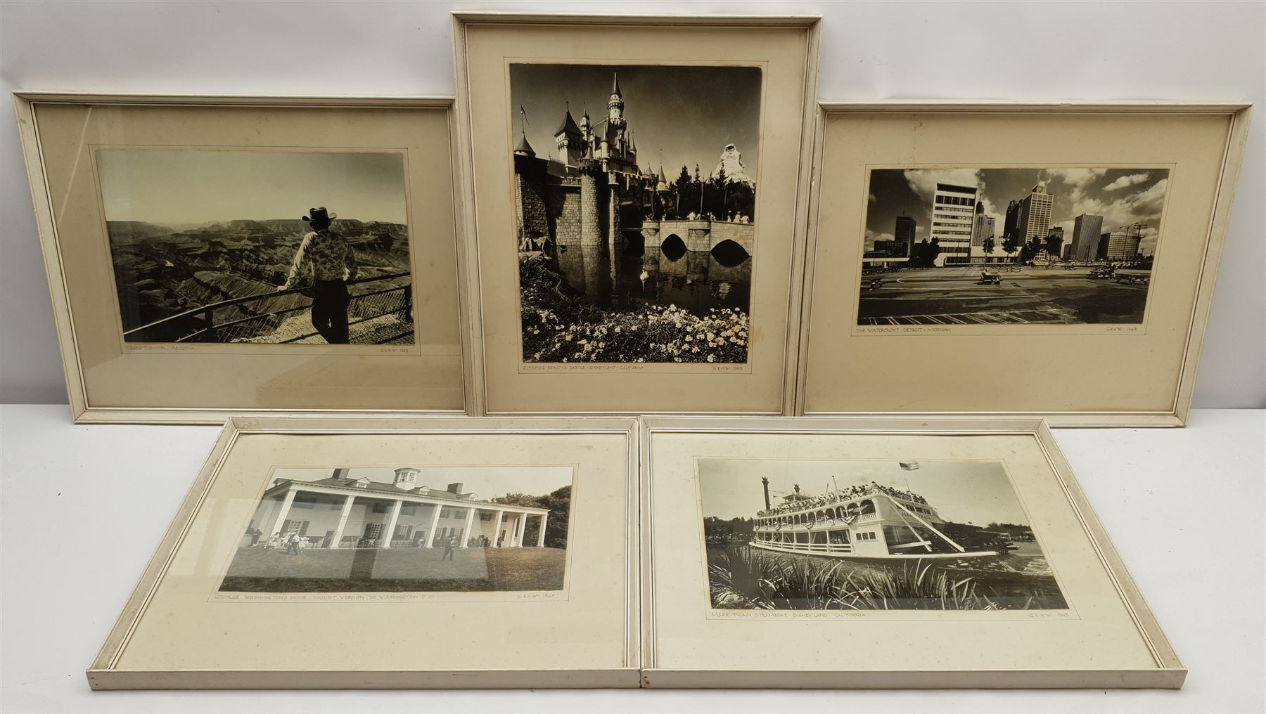 Collection of framed 1960s American monochrome photographs of the Steamboat Mark Twain, The Waterfront Detroit, Grand Canyon, Sleeping Beauties Castle, George Washington's House, each titled in pencil and initialled G.R.H.W on the mount, max 38cm x 30cm (5)
