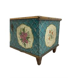 19th century Scandinavian painted pine marriage chest or coffer, rectangular hinged lid, fitted with candle box, raised on square tapering feet, painted with blue and white design and floral bouquet pattern
