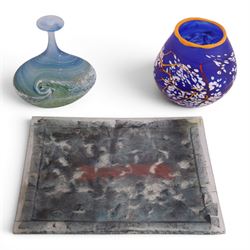 Art glass vases, of squat form with elongated neck, decorated with waves, together with an...