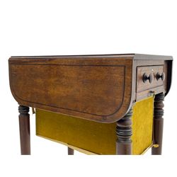 Narrow George III mahogany sewing or work Pembroke table, drop-leaf rectangular top with rounded corners inlaid with ebony stringing, fitted with single full-length cock-beaded drawer and opposing false drawer fascia, turned handles and ivory escutcheons, sliding upholstered storage bag beneath, on ring turned supports with brass cups and castors

This item has been registered for sale under Section 10 of the APHA Ivory Act