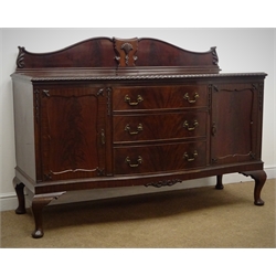  Early 20th century Georgian style mahogany serpentine front sideboard, raised shaped back, three graduating drawers flanked by two cupboard doors, cabriole legs with pad feet, W172cm, H121cm, D67cm  