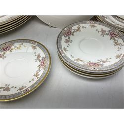 Royal Doulton Canton pattern tea and dinner wares comprising teapot, milk jug, twin handled lidded sucrier, cake plate, six dinner plates, six side plates, five smaller plates, five saucers and pair of candlestick holders, together with Sevres clear glass decanter with faceted sides and stopper, all with marks beneath