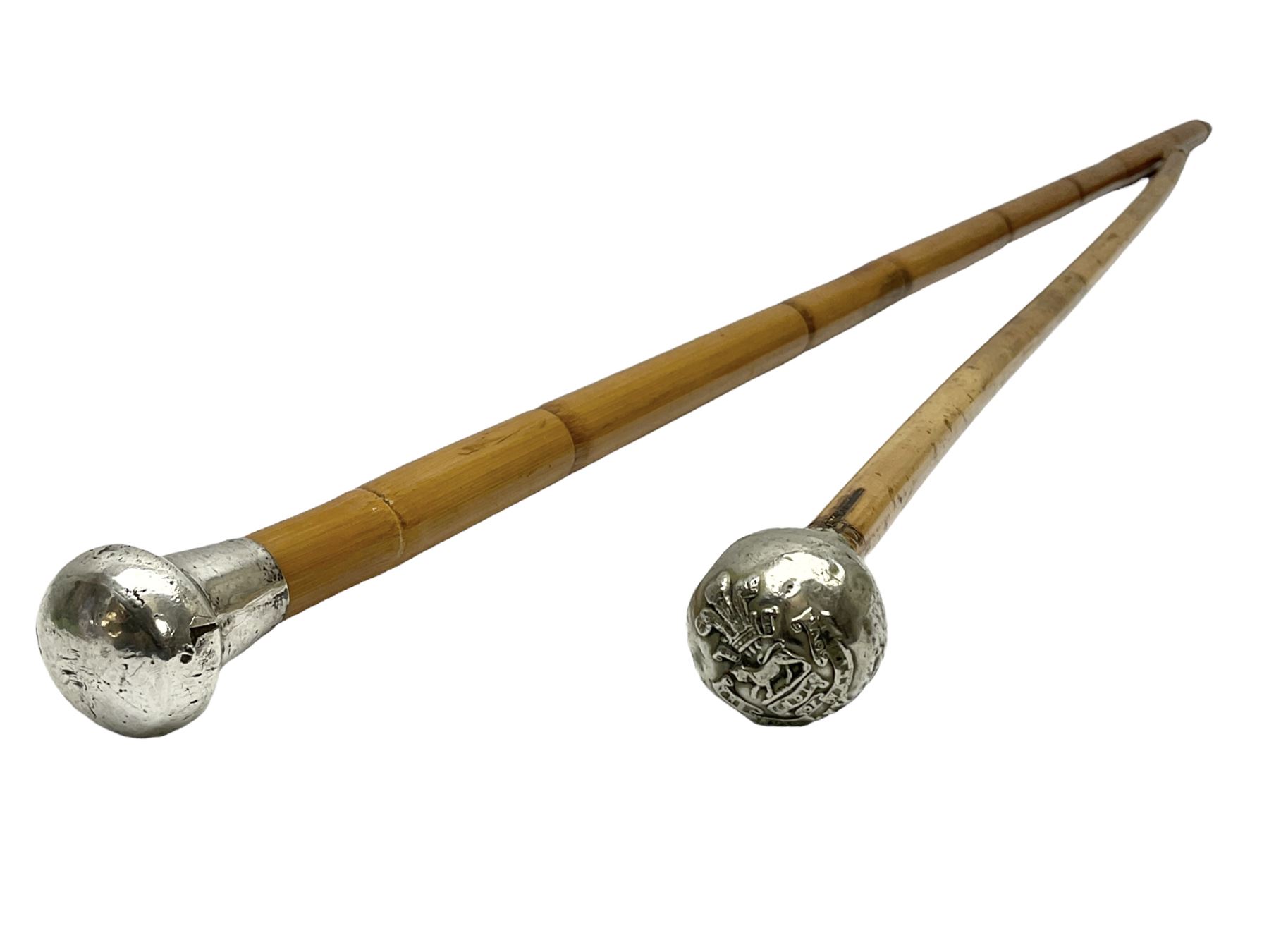 Bamboo walking cane with silver-plate top, L86cm together with a regimental swagger stick with silver plated top