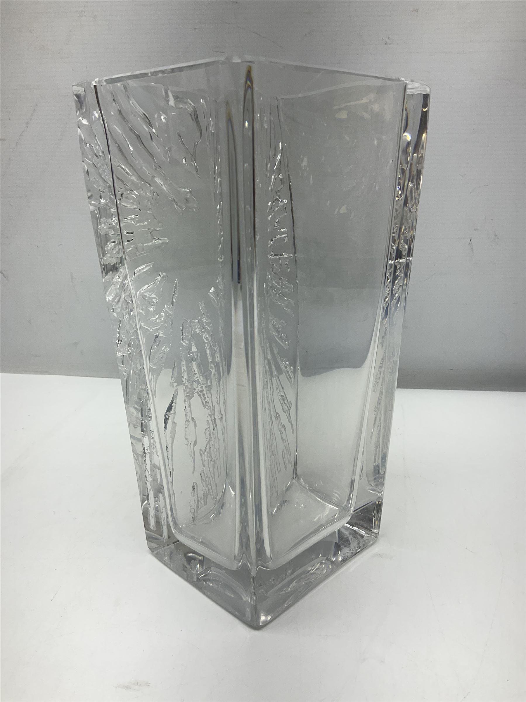 Daum clear crystal glass vase of square sleeve form decorated with stylised sunburst motif, engraved signature to the reverse H25cm