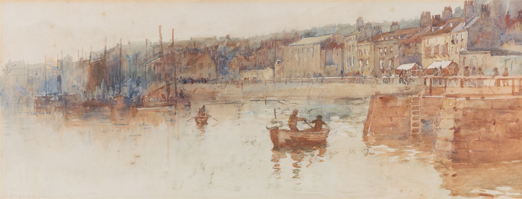 Frank Rousse (British fl.1897-1917): Fishing Boats and Paddle Steamer alongside Pier Road Whitby, watercolour signed 21cm x 54cm