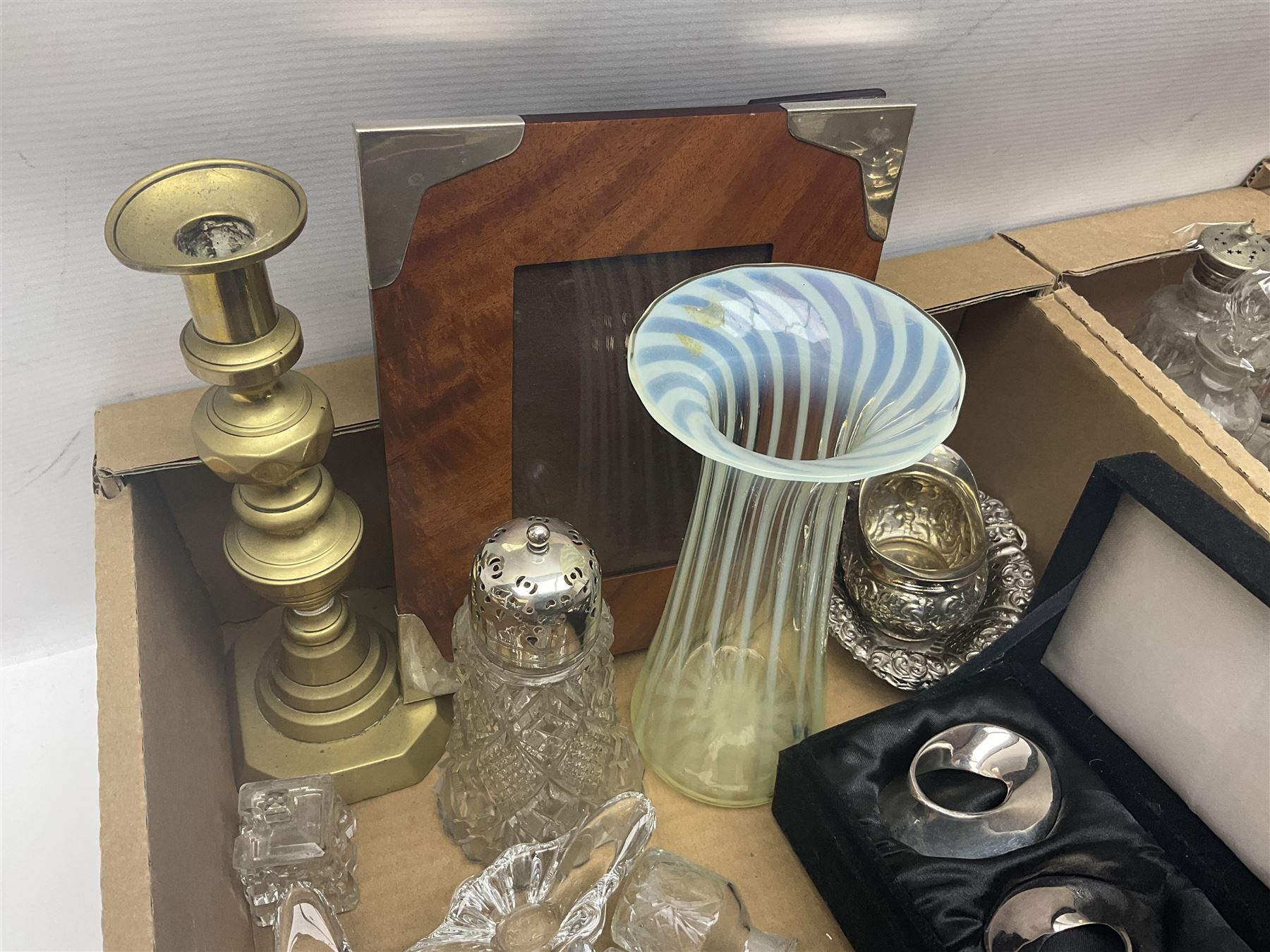 Uranium green glass vase, together with cranberry glass jug, glass dish with silver plate rim, glass cruet set etc, in two boxes 