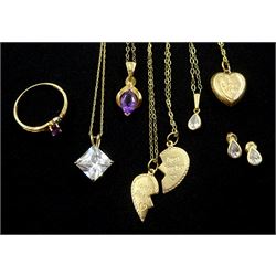 Gold necklaces and stone set necklaces, pair of gold crystal earrings and an amethyst ring, all 9ct stamped or tested (8)