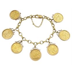 9ct gold cable link bracelet with six King George V gold half sovereigns dated 1911, 1913, 1914 and 1915 and a Queen Victoria 1900 gold half sovereign, all in 9ct gold loose mounts