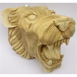  Carved hardwood wall mounted lion head, D27cm  