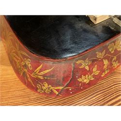 Early 19th century red lacquered papier-mâché tray by Clay of King Street Covent Garden, of rounded rectangular form, painted in gilt with large foliate sprays and butterflies, impressed verso CLAY KING ST COVENT GARDEN, W66.5cm D48.5cm